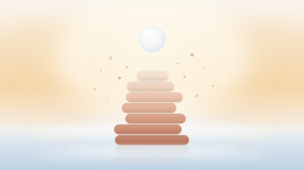 A stylized pyramid made of horizontal bars in varying shades of brown, with a light background and a glowing white sphere above.